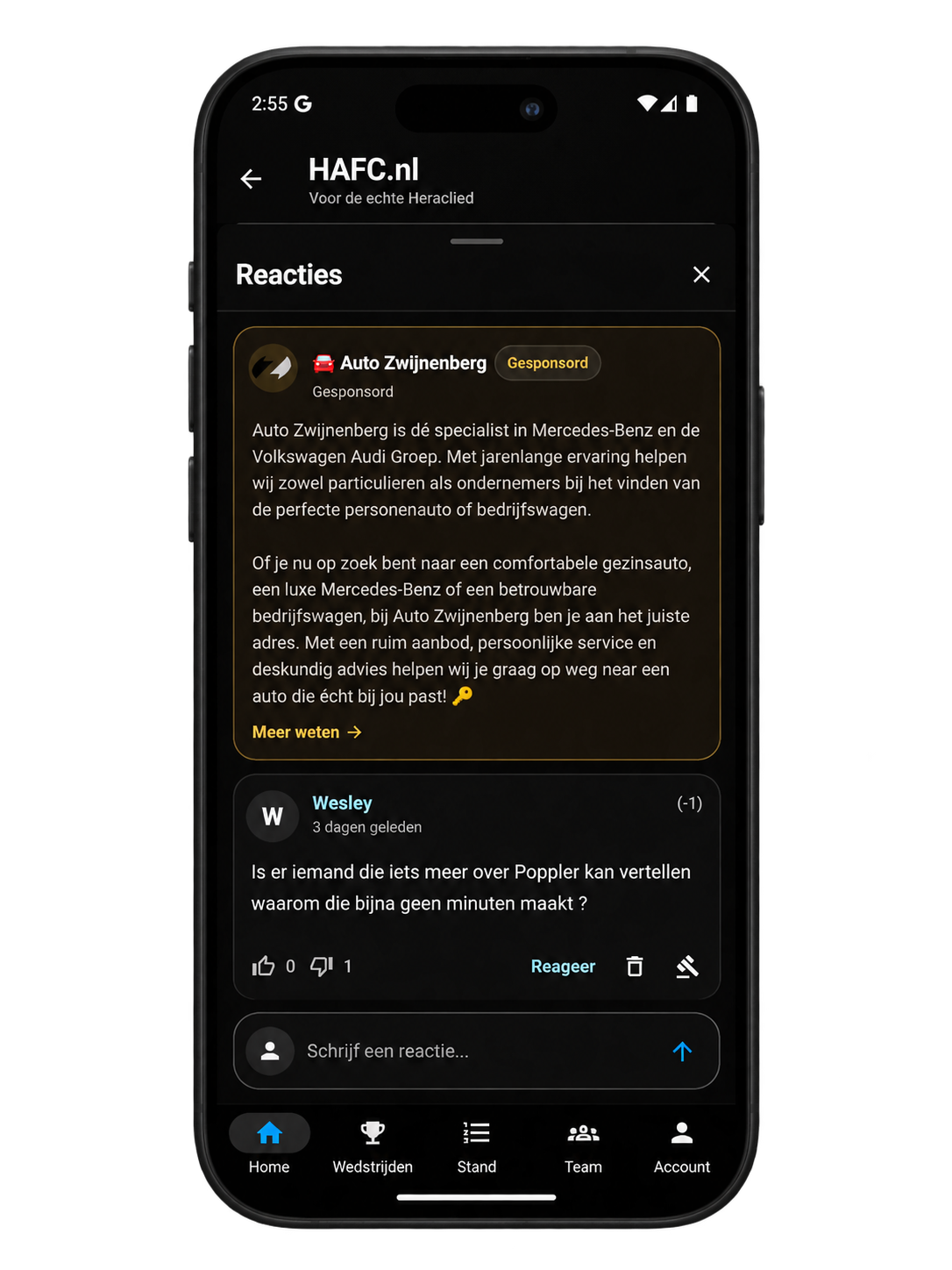 Voorbeeld van een sponsored comment in de HAFC-app
